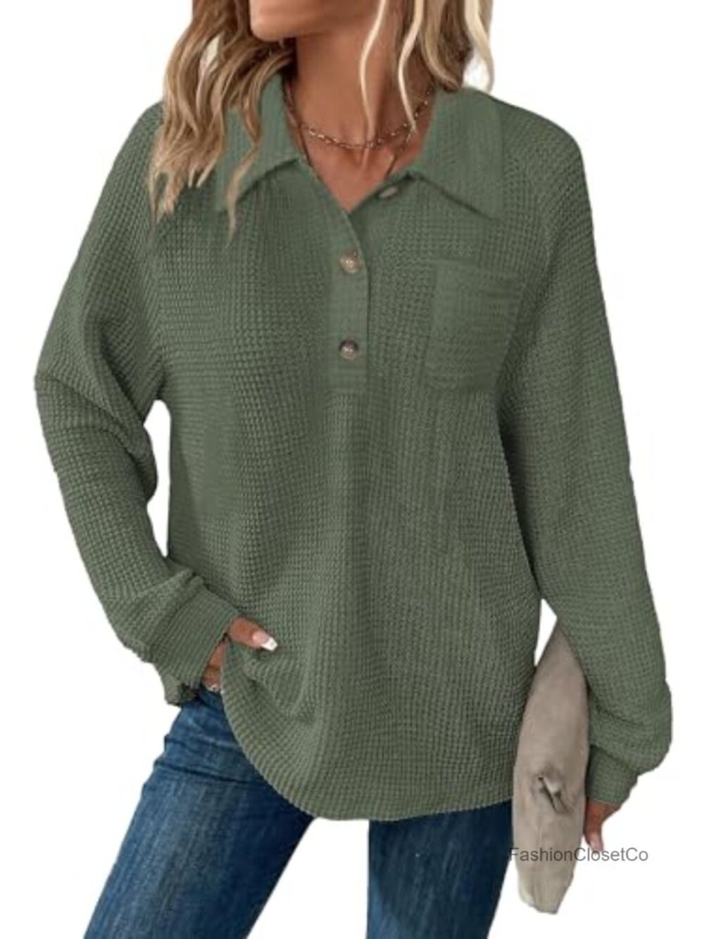 Waffle Knit V-Neck Long Sleeve Tunic Button Down Shirt